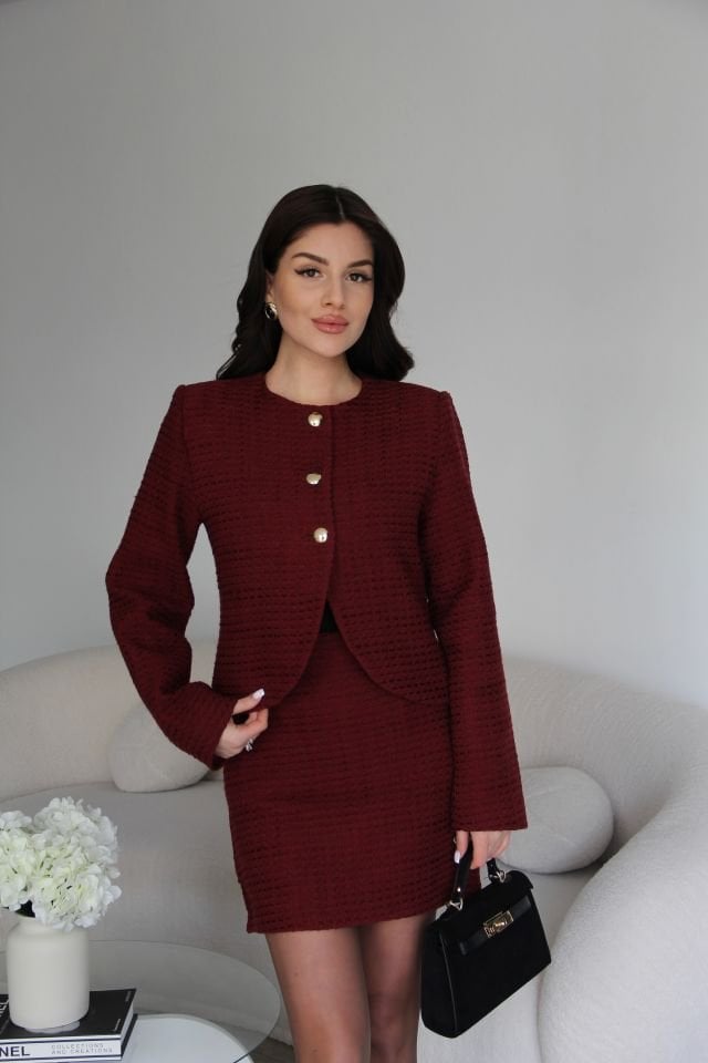 Bordo Gold Düğmeli Astarlı Kısa Ceket Mini Boy Etek Alt Üst Premium Tüvit Takım