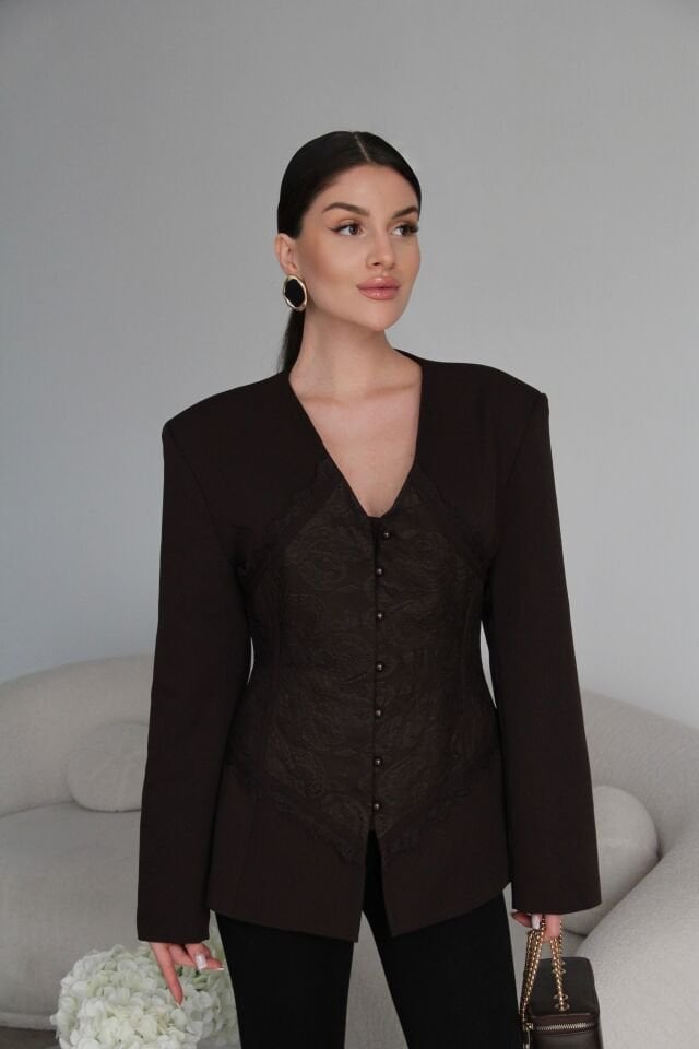 Dantel Detaylı V Yaka Tasarım Premium Kahve Blazer Ceket