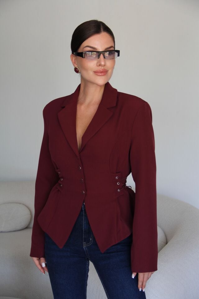 Yanları Bağcıklı Kuşgözü Detaylı Bordo Blazer Ceket