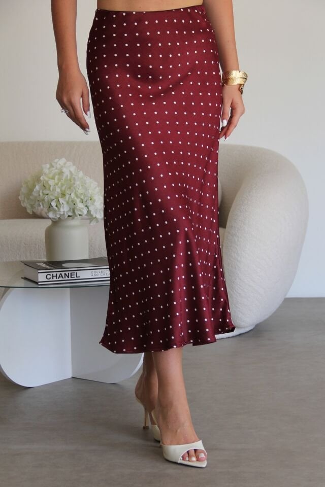 Bordo Puantiyeli  Beli Lastikli Verev Kesim Midi Boy Premium Saten Etek