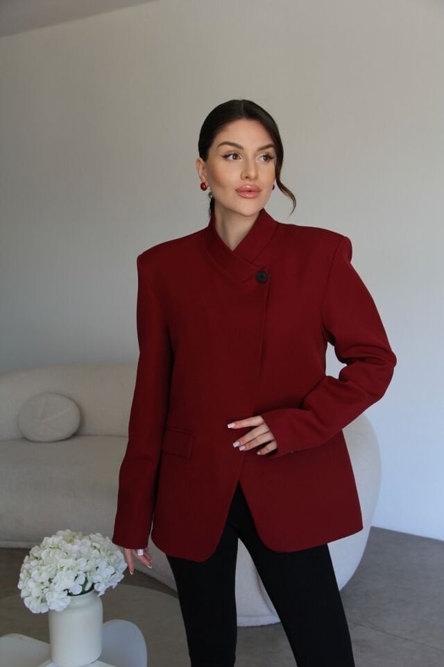 Bordo Tek Düğme Detaylı Hakim Yaka Premium Tasarım Blazer Ceket