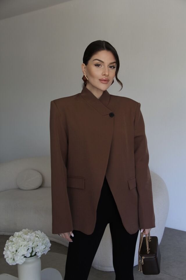 Kahve Tek Düğme Detaylı Hakim Yaka Premium Tasarım Blazer Ceket