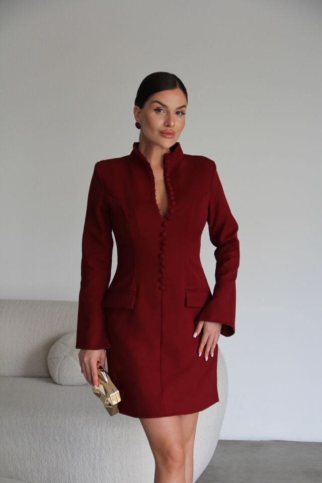 Boydan Düğme Detaylı Vatkalı Mini Tasarım Bordo Elbise