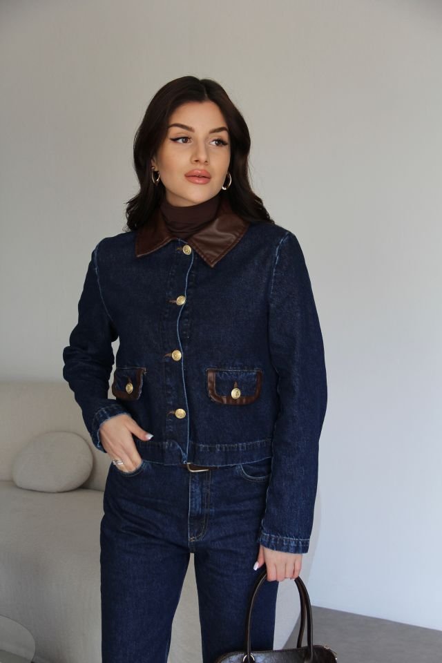 Kahve Deri Detaylı Gold Düğmeli Ceket ve Pantolon Premium Denim Takım