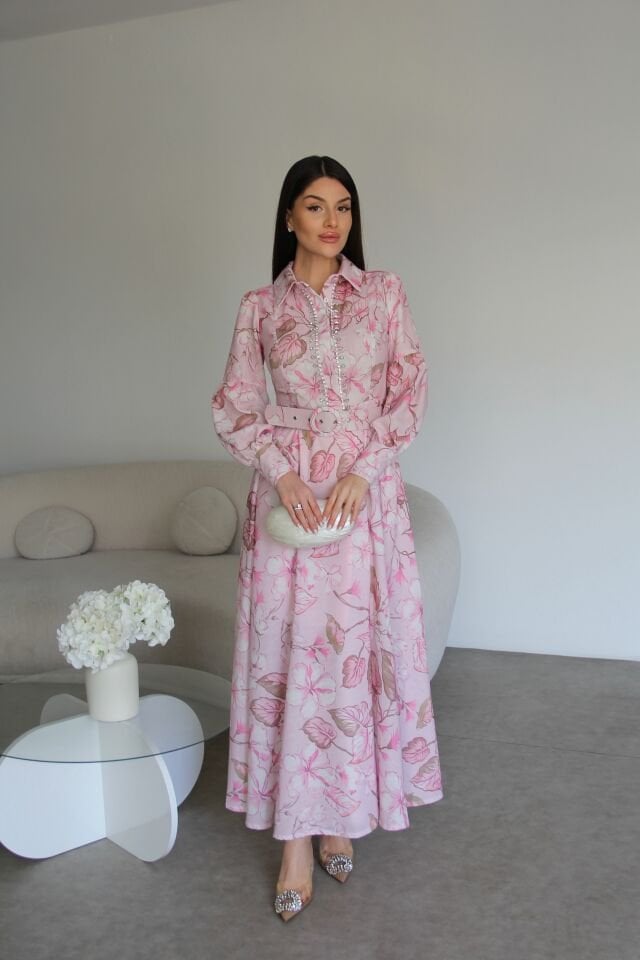 Pembe Taş işleme Detaylı KEMERLİ Astarlı Maxi Uzun Premium Tasarım Keten Elbise