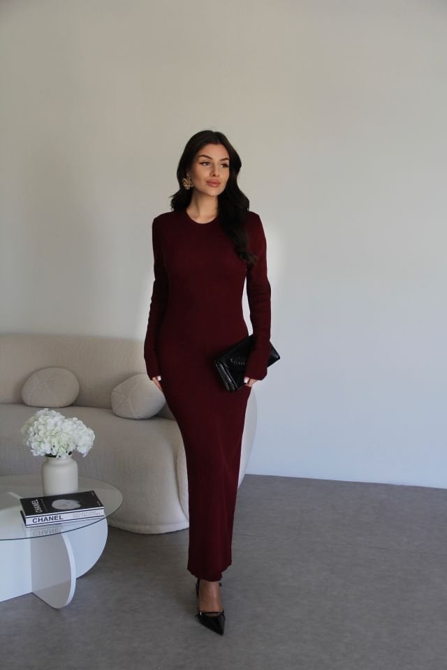 Bordo Bisiklet Yaka Maxi Uzun Boy Ince Triko Elbise