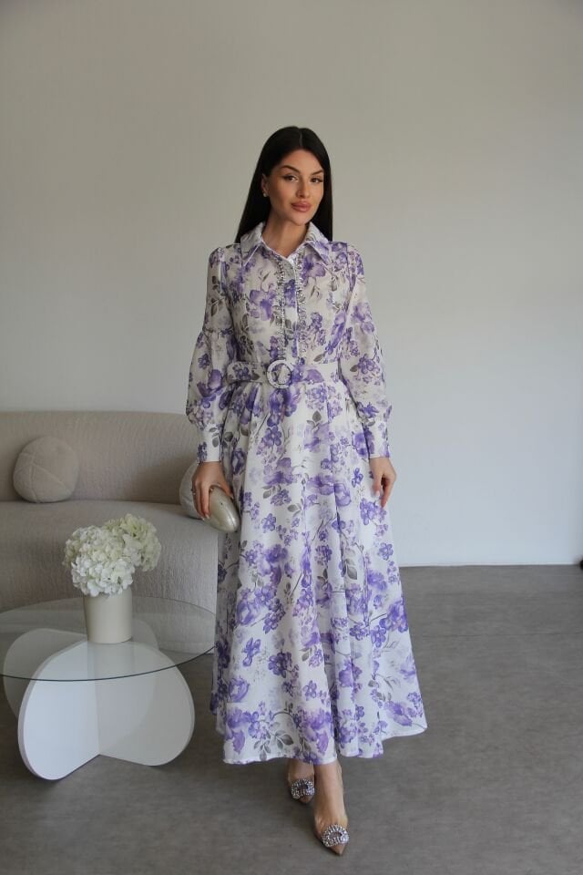 Lila Taş işleme Detaylı KEMERLİ Astarlı Maxi Uzun Premium Tasarım Keten Elbise
