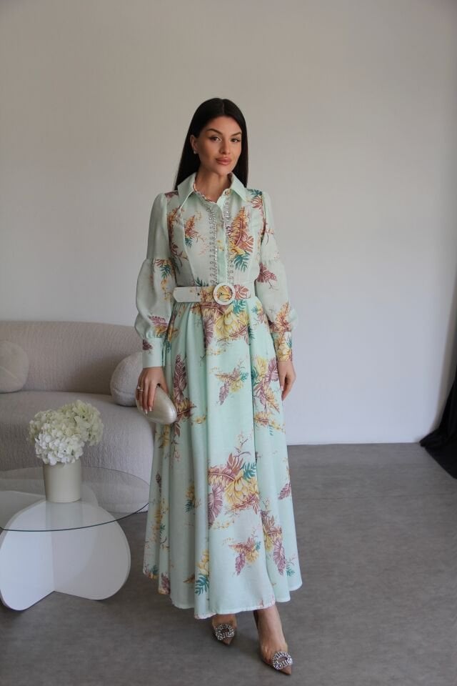 Yeşil Taş işleme Detaylı KEMERLİ Astarlı Maxi Uzun Premium Tasarım Keten Elbise