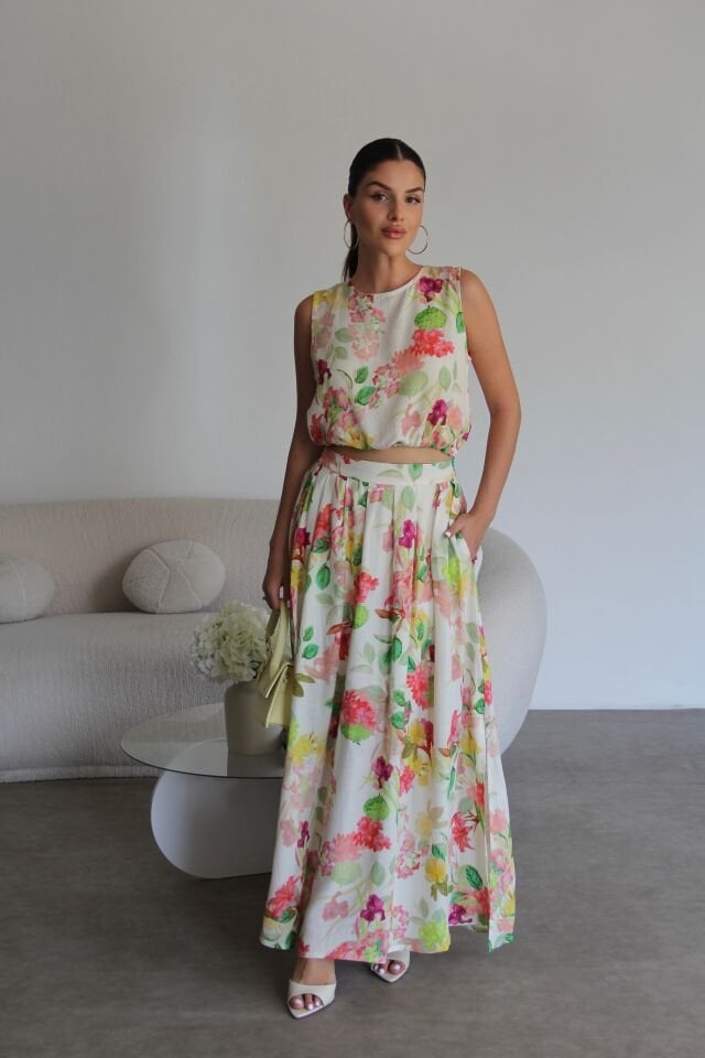 Desenli Bağlamalı Crop Bluz ve Maxi Uzun Astarlı Etek  Keten Takım