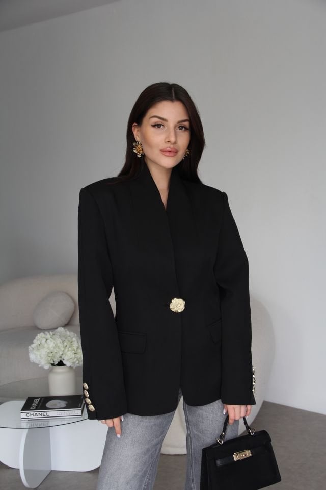 Siyah Şal Yakalı Büyük Metal Gold Düğmeli Önden Süs Cepli Premium Blazer Ceket