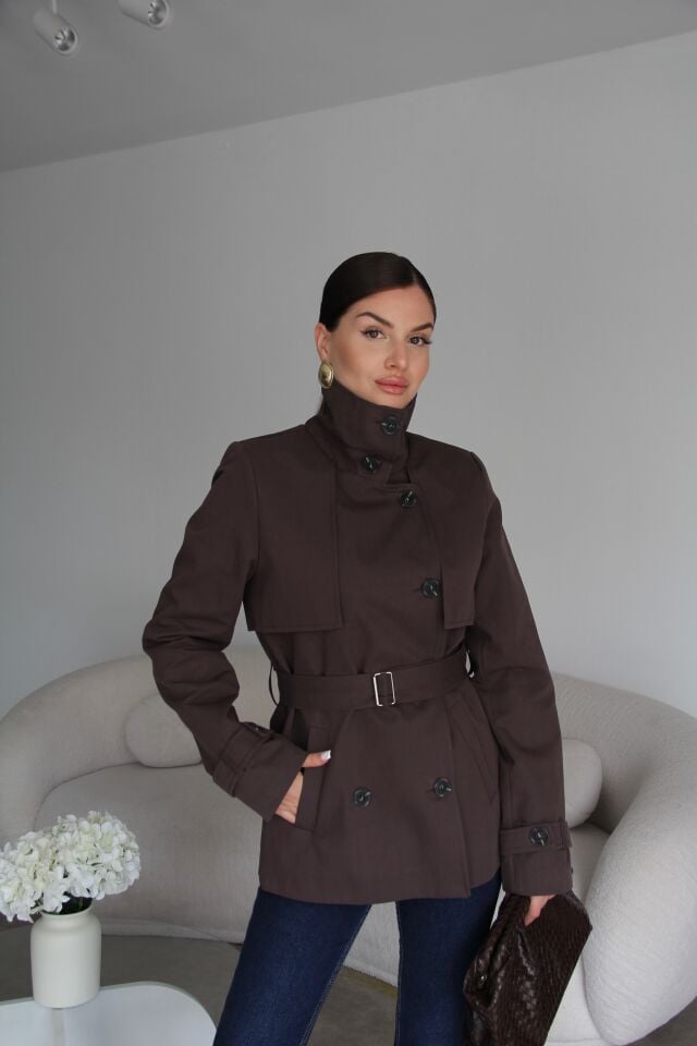 Rüzgarlık Detaylı Kuşaklı Premium Kahve Trençkot