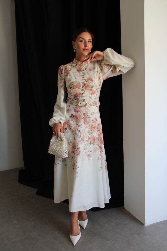 Boydan Düğmeli Dik Yaka KEMERLİ Midi Boy Premium Tasarım Keten Elbise