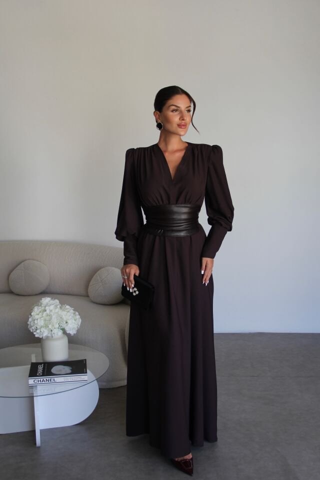 Kahve Deri Korseli Belden Bağlamalı Maxi Uzun Premium Tasarım Elbise