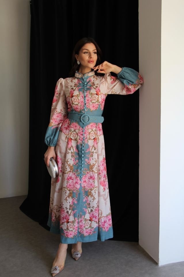 Yeşil Bej Boydan Düğmeli Dik Yaka Desenli Kemerli Midi Boy Premium Tasarım Keten Elbise