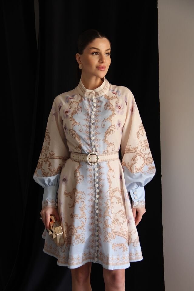 Desenli Boydan Düğmeli KEMERLİ Premium Tasarım Mini Keten Elbise