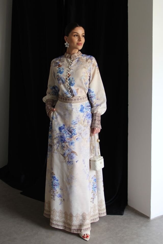 Desenli Kollar Gipe Detaylı Gömlek ve Maxi Etek Premium Tasarım Keten Takım