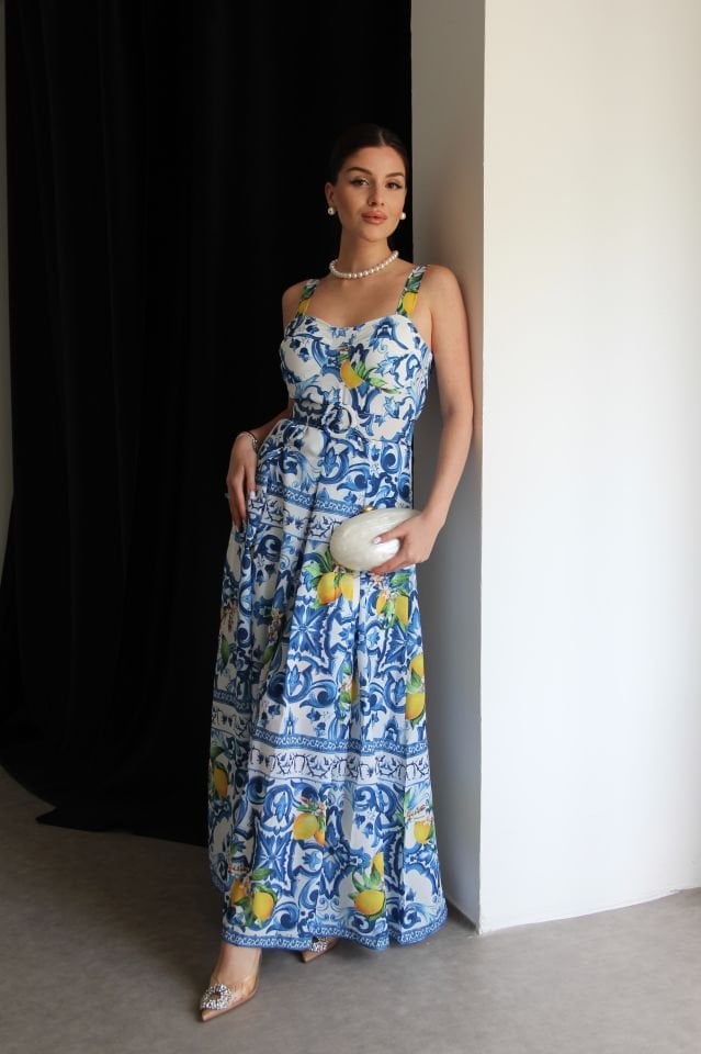 Limon Desenli Askılı Straplez Yaka Kemerli Midi Boy Premium Elbise