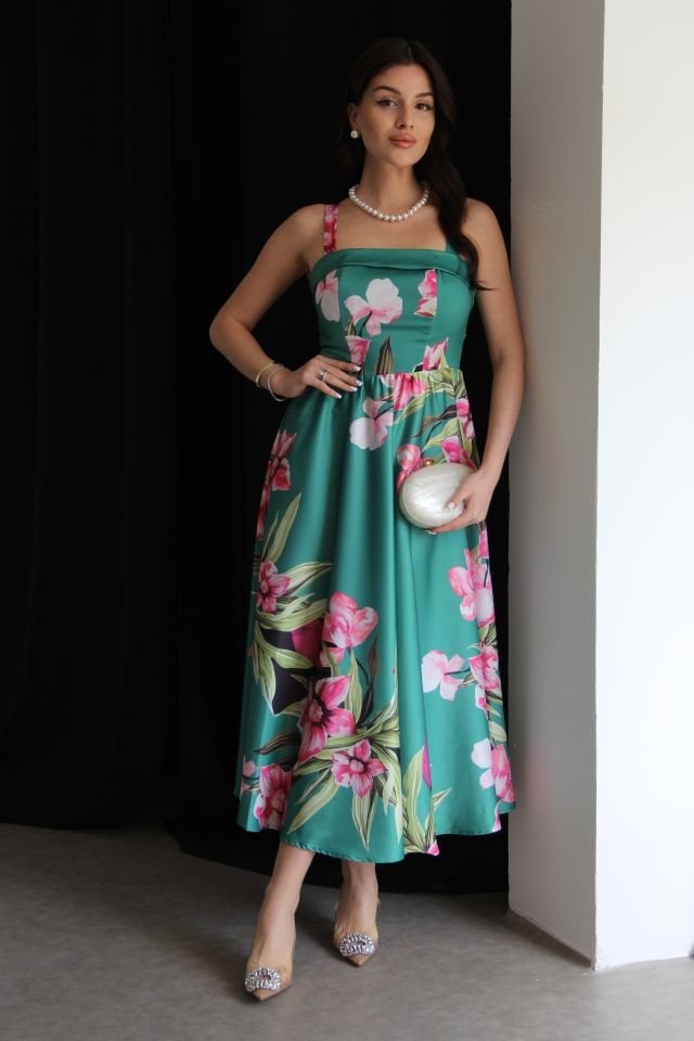 Yeşil Çiçek Desenli Askılı Midi Boy Premium Saten Elbise