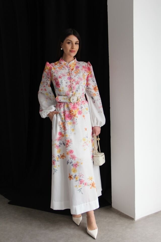 Dik Yaka Çok Renkli Düğmeli KEMERLİ Premium Tasarım Keten Elbise