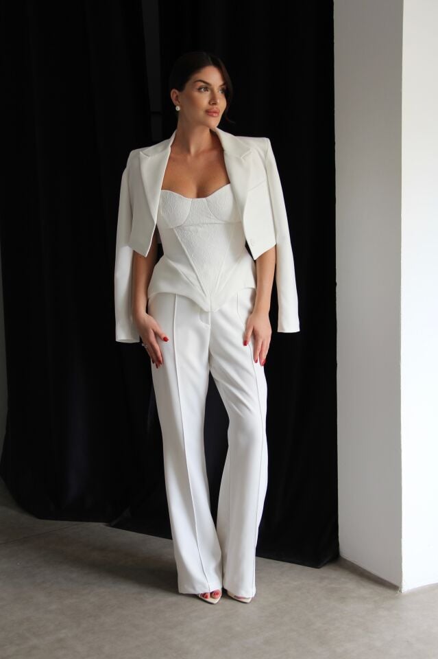 Crop Ceket Dantel Detaylı Korse Bluz ve Pantolon 3’lü Premium Takım