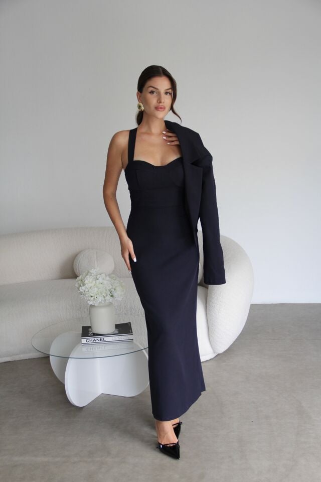 Lacivert Askılı Elbise ve Kısa Crop Ceketli Alt Üst Premium Tasarım Takım