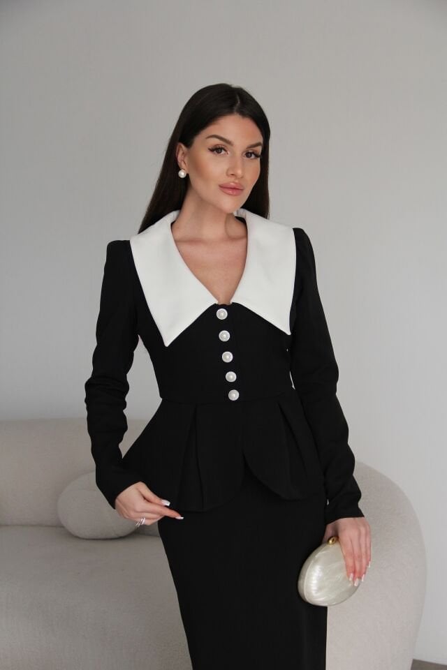 V Yaka Fırfırlı inci düğmeli Ceket ve Maxi Etek Premium Tasarım Takım