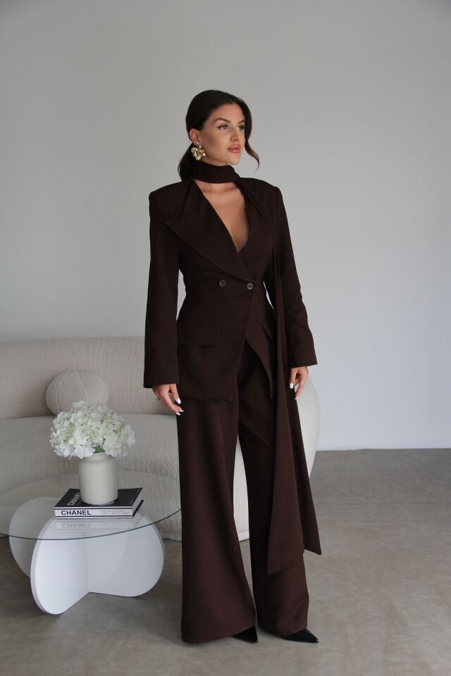 Kahve Şallı Kruvaze Ceket ve Palazzo Pantolon Premium Tasarım Takım