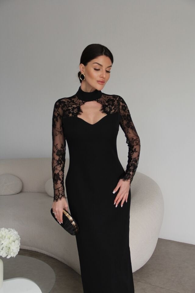 Sırt Dekolteli Dantel Detaylı Maxi Uzun Boy Premium Elbise