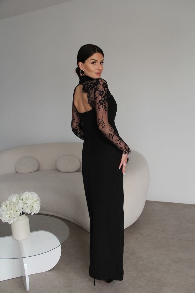 Sırt Dekolteli Dantel Detaylı Maxi Uzun Boy Premium Elbise