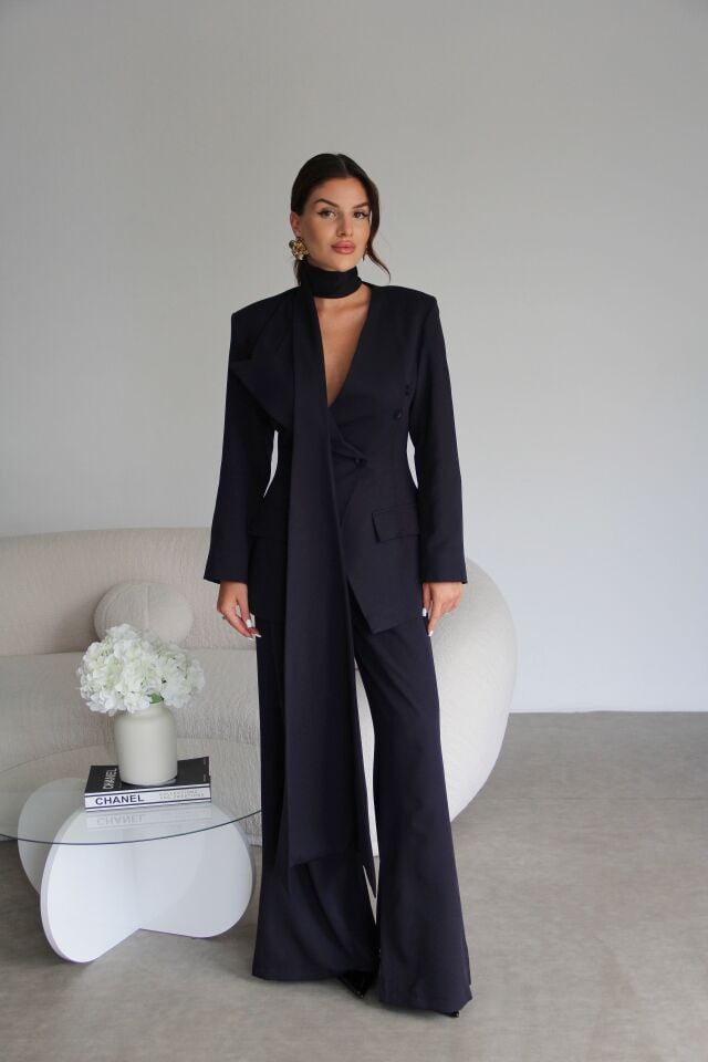 Lacivert  Şallı Kruvaze Ceket ve Palazzo Pantolon Premium Tasarım Takım