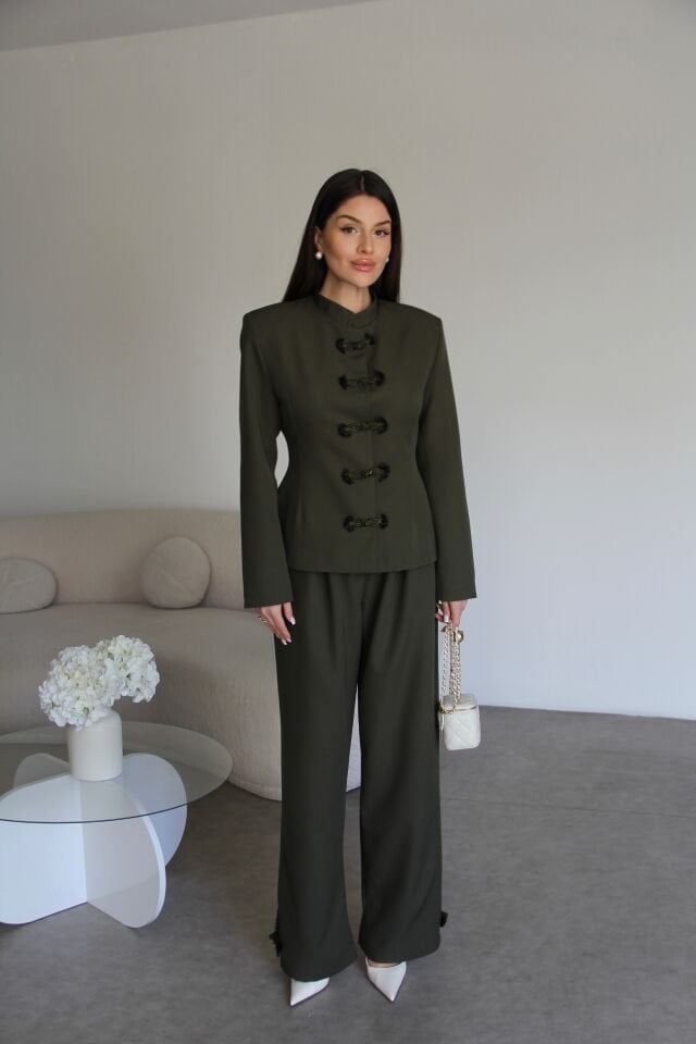 Haki Napolyon Vatkalı Ceket ve Pantolon Alt Üst Tasarım Premium Takım