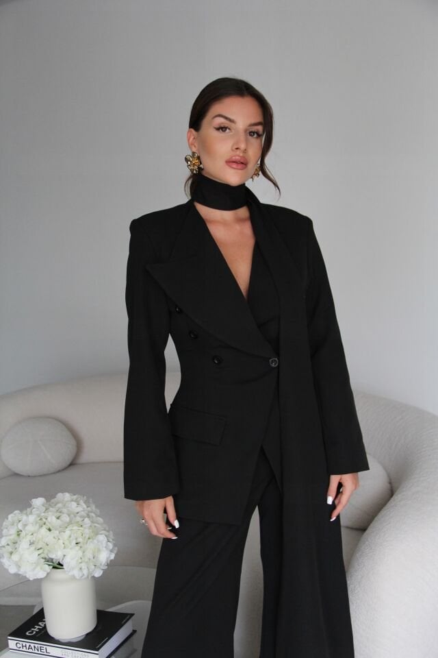 Siyah Şallı Kruvaze Ceket ve Palazzo Pantolon Premium Tasarım Takım