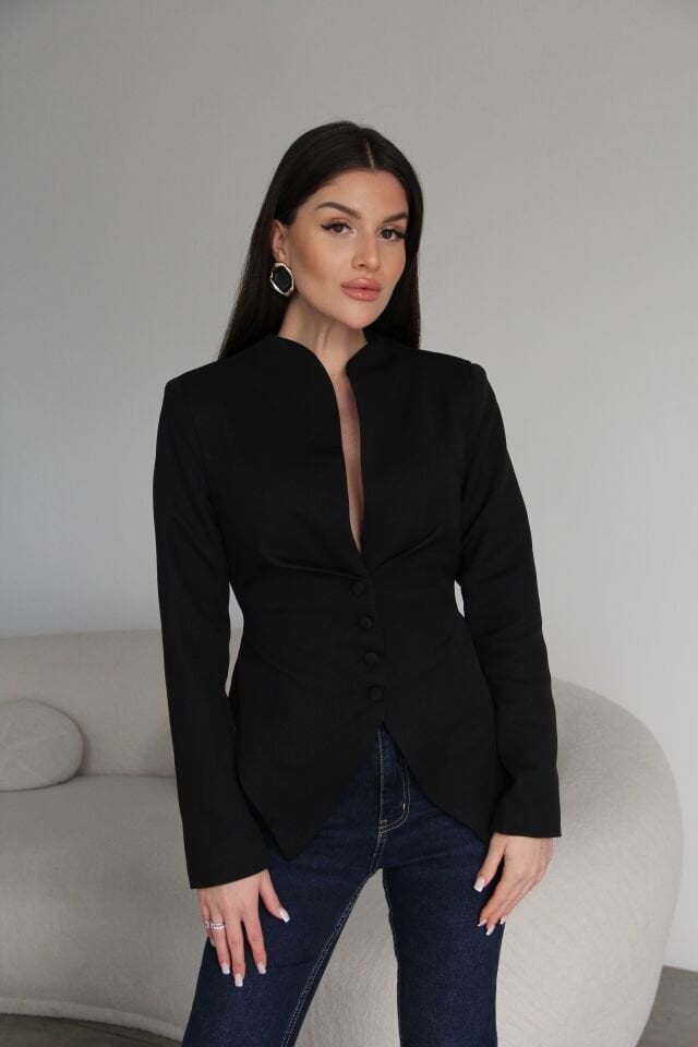 Vatkalı Pens ve Bağlama Detaylı Astarlı Premium Asimetrik Siyah Ceket