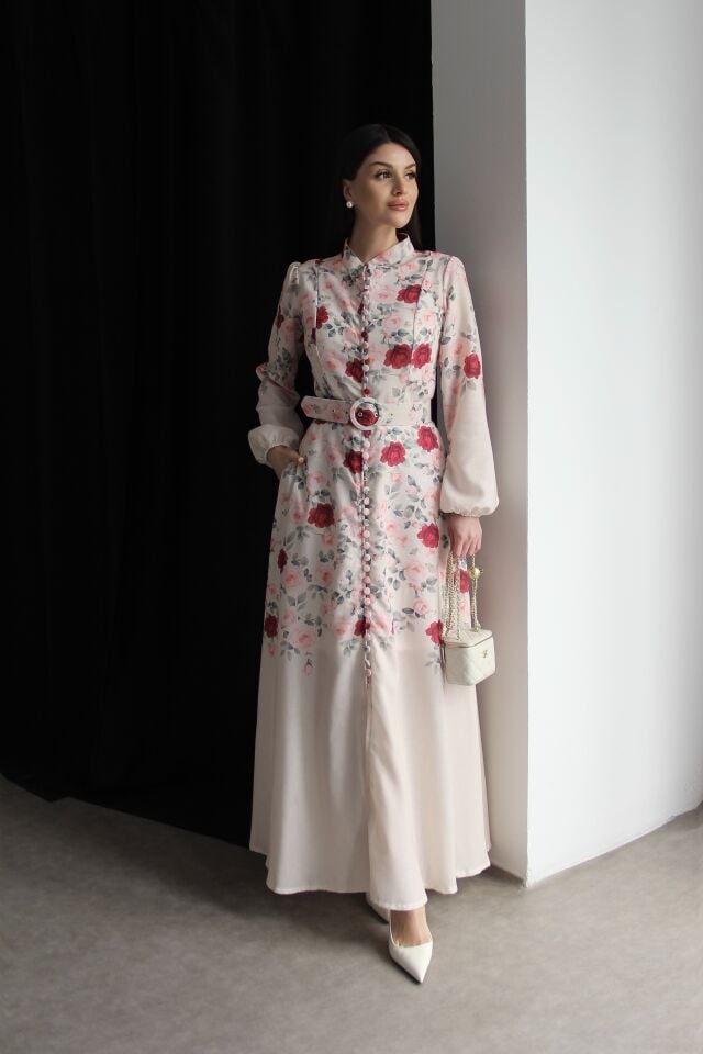 Dik Yaka Çok Renkli Düğmeli KEMERLİ Premium Tasarım Keten Elbise