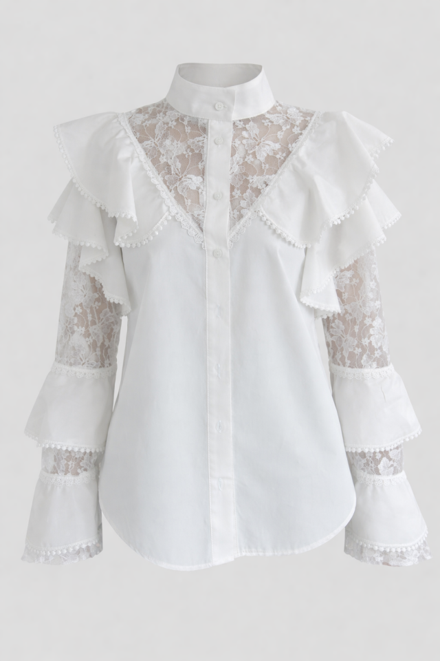 Dik Yaka Volanlı Dantel Detaylı Premium Gömlek