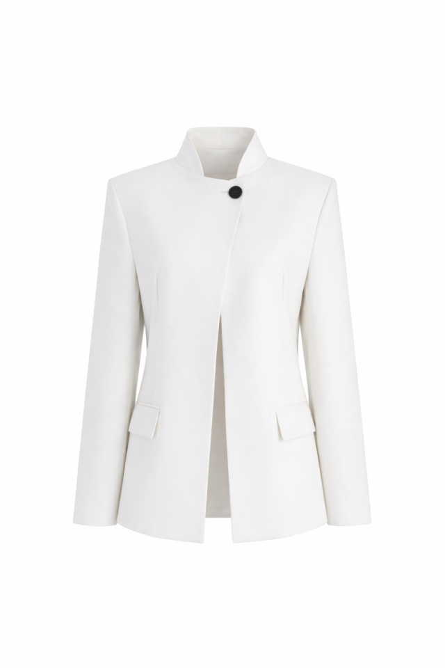 Tek Düğme Detaylı Vatkalı Hakim Yaka Premium Tasarım Blazer Beyaz Ceket