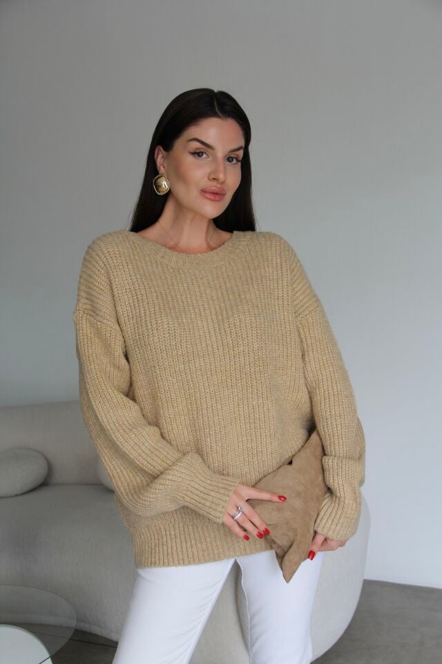 Bisiklet Yaka Oversize Bej Triko Kazak