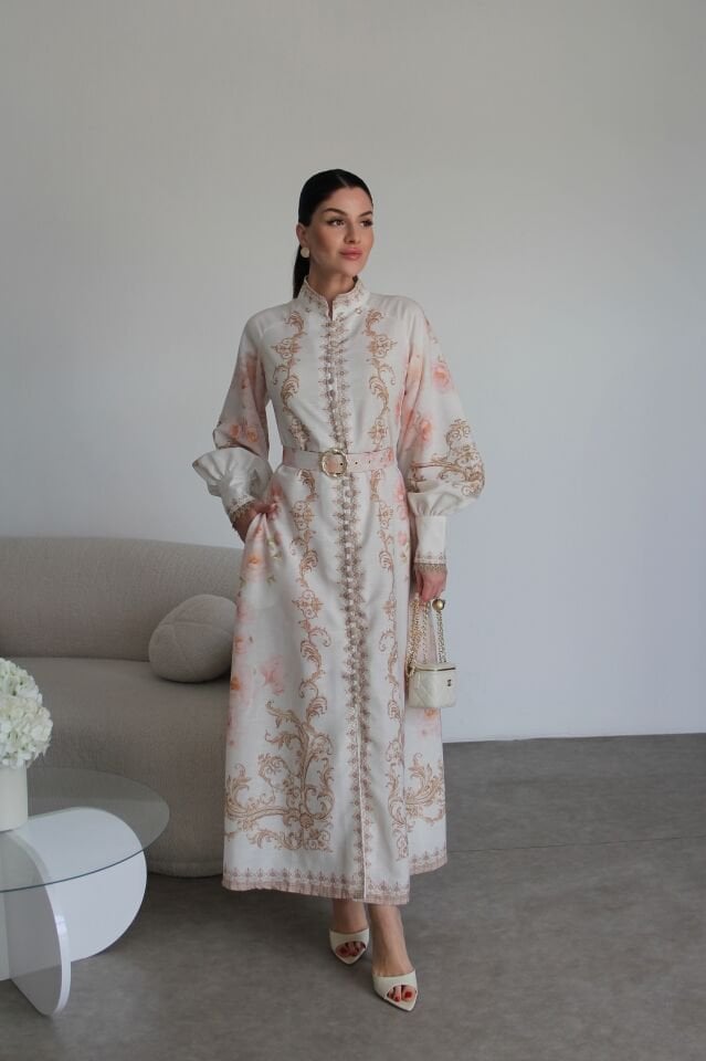 Dik Yaka Çok Renkli Düğmeli KEMERLİ Premium Tasarım Keten Elbise