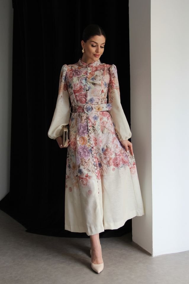 Bej Boydan Düğmeli Dik Yaka Desenli Kemerli Midi Boy Premium Tasarım Keten Elbise