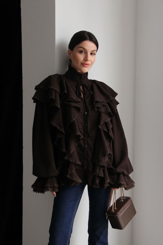 Kahve Dantel ve Bağlama Detaylı Premium Vintage Gömlek