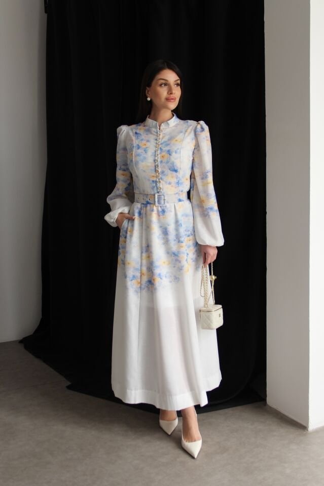 Dik Yaka Çok Renkli Düğmeli KEMERLİ Premium Tasarım Keten Elbise