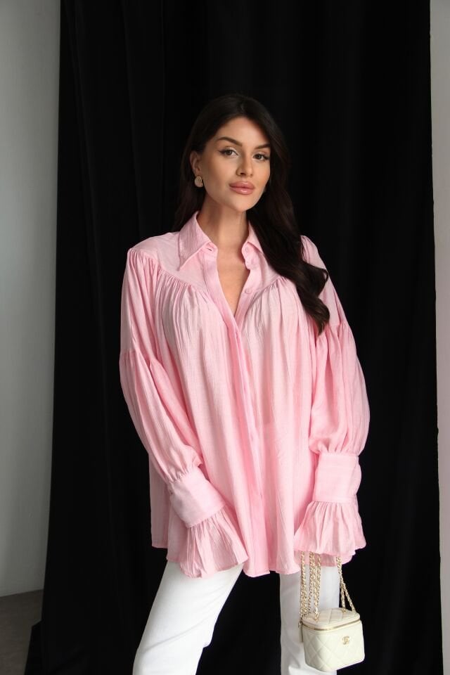Toz Pembe Vintage Büzgü Kol Detaylı Premium Gömlek