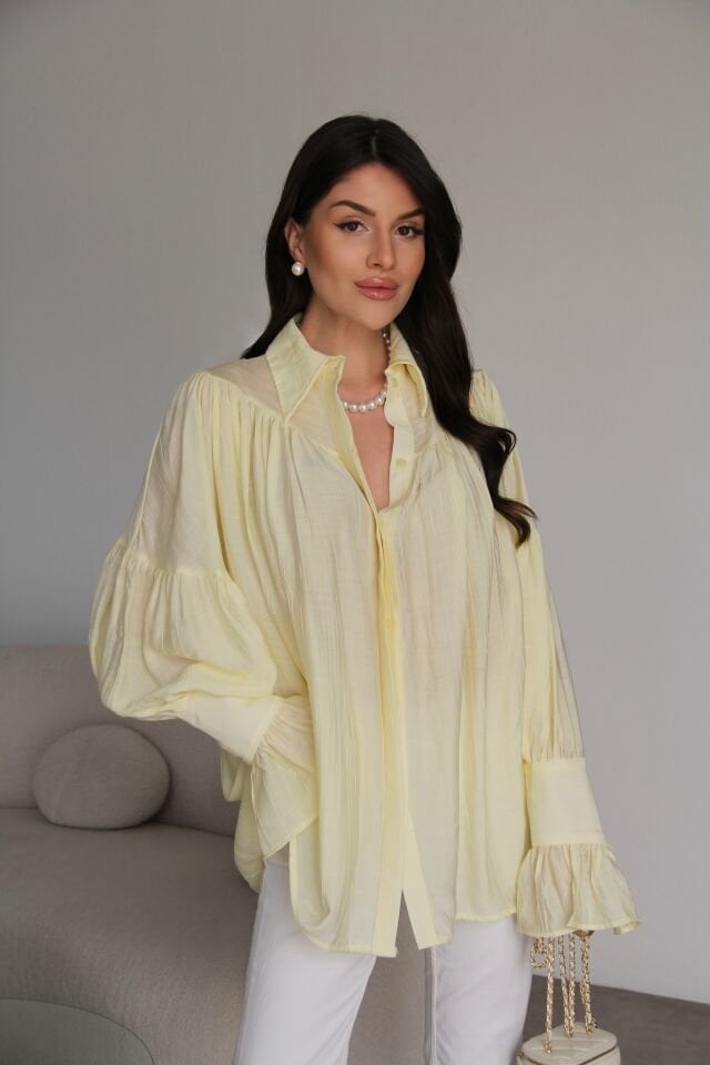Sarı Vintage Büzgü Kol Detaylı Premium Gömlek